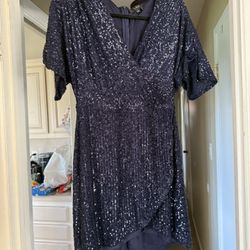 Lulus Navy Blue Sequin Faux-Wrap Mini Dress