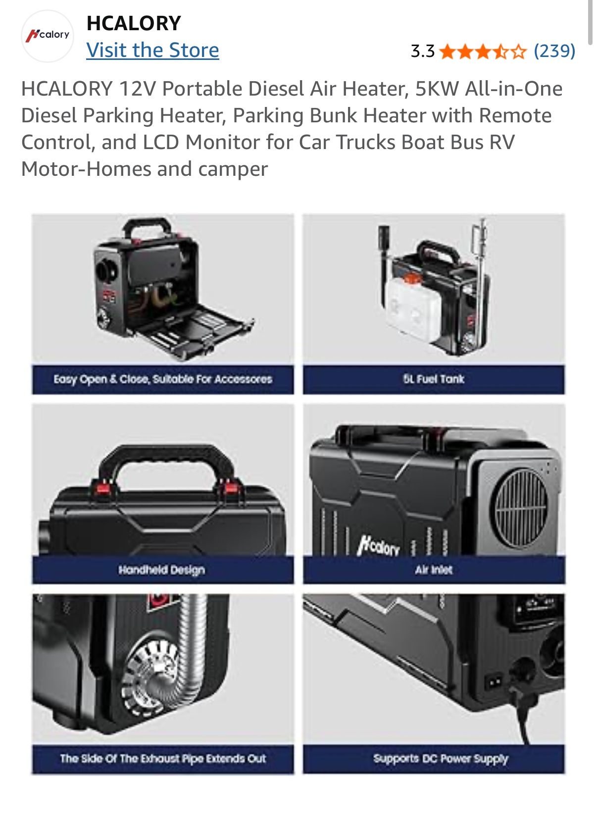 HCALORY 12V Portable Diesel Air Heater, 5KW All-in-One Diesel Parking Heater