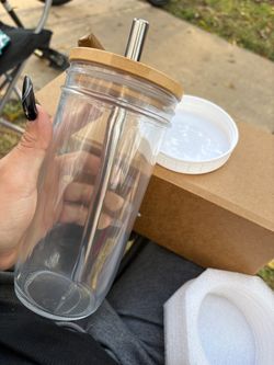Clear Glass Tumbler with Bamboo Lid and Straw