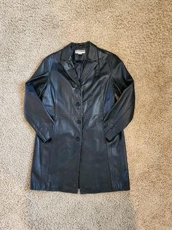 SZ 14-16 Black Lambskin Leather Button Front Mid Length Coat Jacket