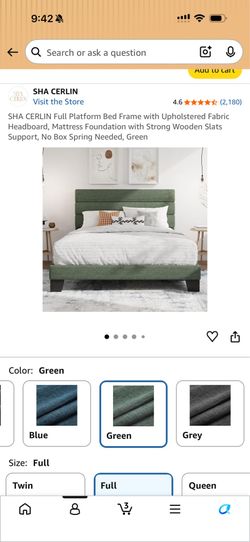 Full Size Bed Frame with Upholstered Headboard - Green