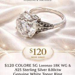 ​Main Stone: Genuine White Topaz, 8.00 Carat Total Weight (ctw).
​Metal: High-quality .925 Sterling Silver with 18K Gold accents.
​Design: Vintage-ins