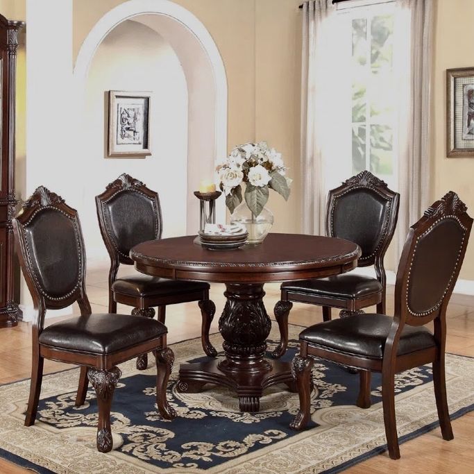 New Formal 5PC Rich Cherry Finish Wood Dining Table Chairs Set