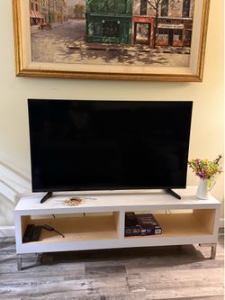 White Modern TV Stand with Open Shelving