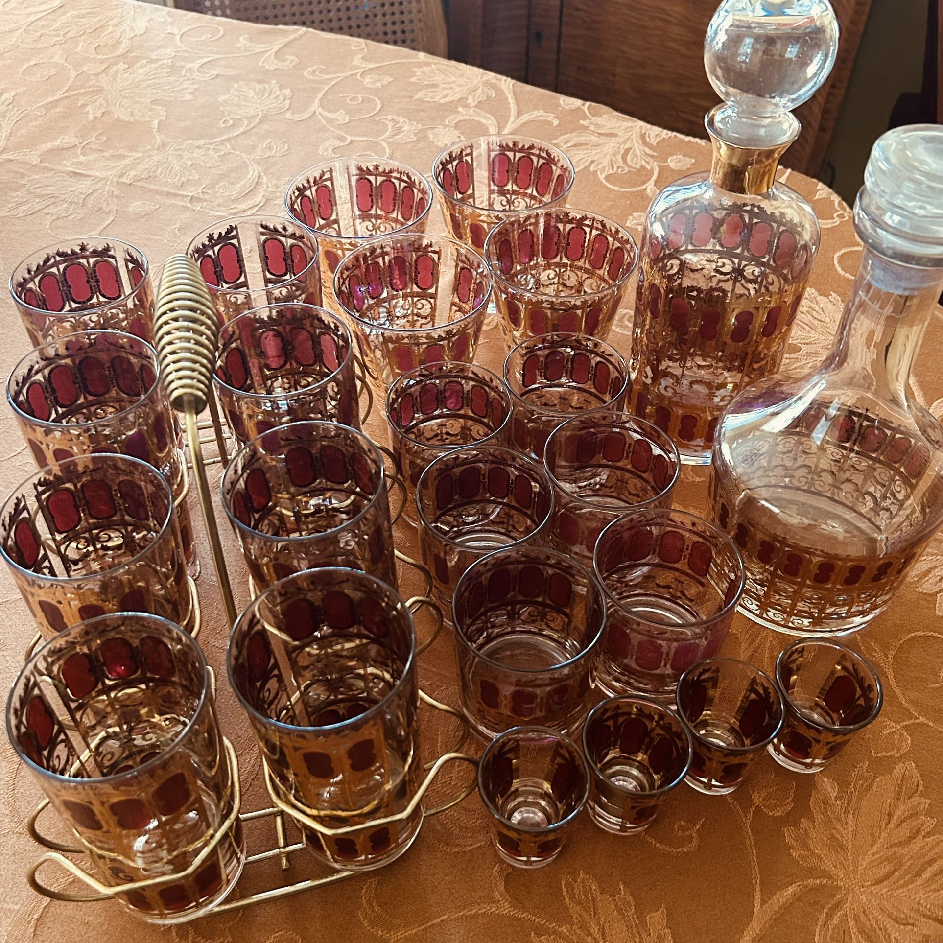 Vintage Mid Century Glass Set — Culver Scroll Cranberry 22k Gold — *25 Pieces Total Includes Metal Carrier/Caddy