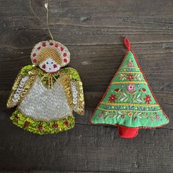 Christmas Tree Ornaments Vintage Hallmark Embroidered/Beaded Angel Whimsy Set/2