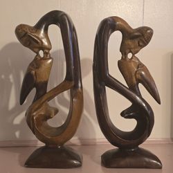 African Haitian Wood Lovers Couples Figurines Statues Kissing Art Decor