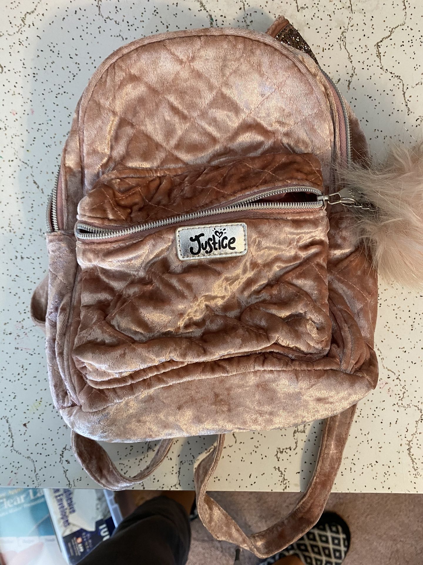 Justice brand mini backpack rose gold pink velvety