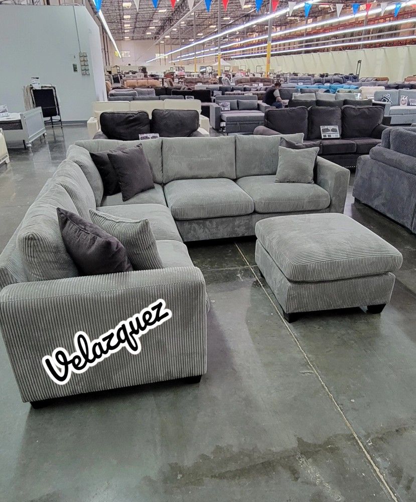 ✅️✅️ 4pc for grey corduroy fabric upholstered sectional sofa with ottoman ✅️✅️