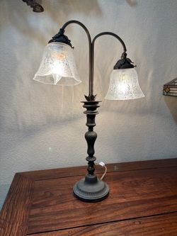 Vintage 23” Ornate Table Lamp with Etched Glass Shades