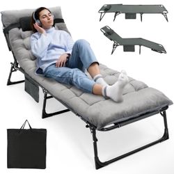 ropoda Camping Cot, Adjustable 4-Position Folding Cot with Cozy Mattress, Lawn Chair Camping Cots for Adults with Durable Fabric and Steel Frame, Loun