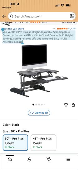 Vari VariDesk Pro Plus 30 Height Adjustable Standing Desk Converter for Home Office - Sit to Stand Desk with 11 Height Settings, Spring-Assisted Lift,