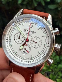 ⌚ JACK MASON NAUTICAL CHRONOGRAPH Watch  JM-N102 💙 CREAM DIAL BROWN LEATHER