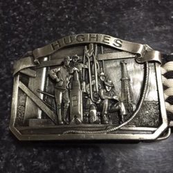 VINTAGE 1970’s HUGHES TOOL CO. PEWTER BELT BUCKLE. (Limited Edition). With 46” Black/White Country Style Belt. See Photos