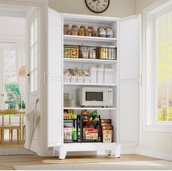 GAIOUS 71" Tall Metal Storage Cabinet with 2 Doors and 4 Adjustable Shelves, Kitchen Pantry Cabinet White Freestanding Cupboard, 5 Tier Multifunctiona