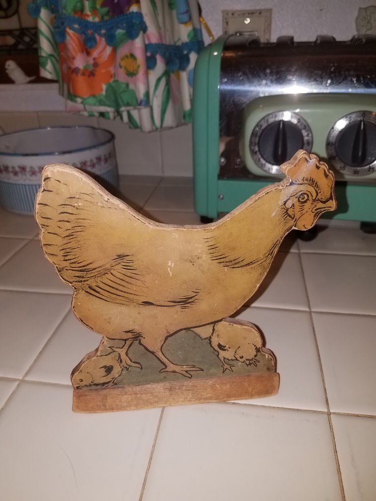 Vintage toy wooden hen with baby chicks Farmhouse decor