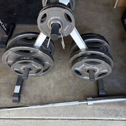 Weightlifting Bar, Plates, and Stand