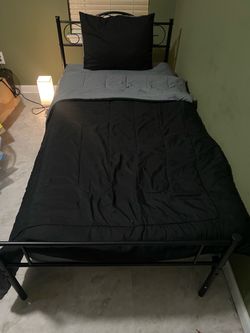 Black Metal Twin Bed, Mattress, Comforter Set & Touch Lamp!
