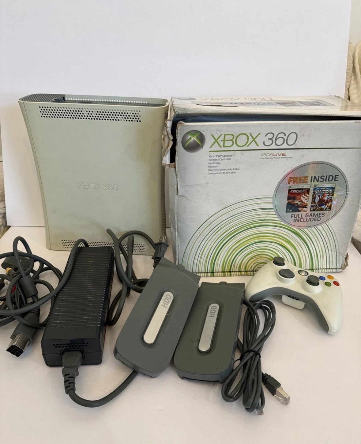 Microsoft Xbox 360 Console Complete W Box & Controller 2 HDD Drives