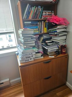 File cabinet, bookcase, desk, chair