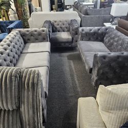 Brand New Tufted Gray Velvet Modern 3PCs Living Set