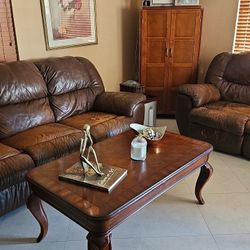 FREE - MUST GO - JUST PICK UP Brown leather reclining sofa, reclining love seat, & coffee