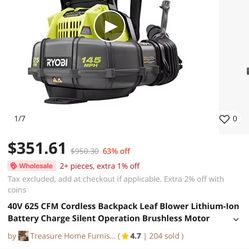 RYOBI RY40440 145 MPH 625CFM 4OV Lithium -lon Cordless Backpack Leaf Blower Tool Only 