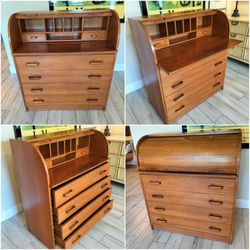 Vintage Mid-Century Modern Danish Teak Tambour Roll Top Secretary Desk.