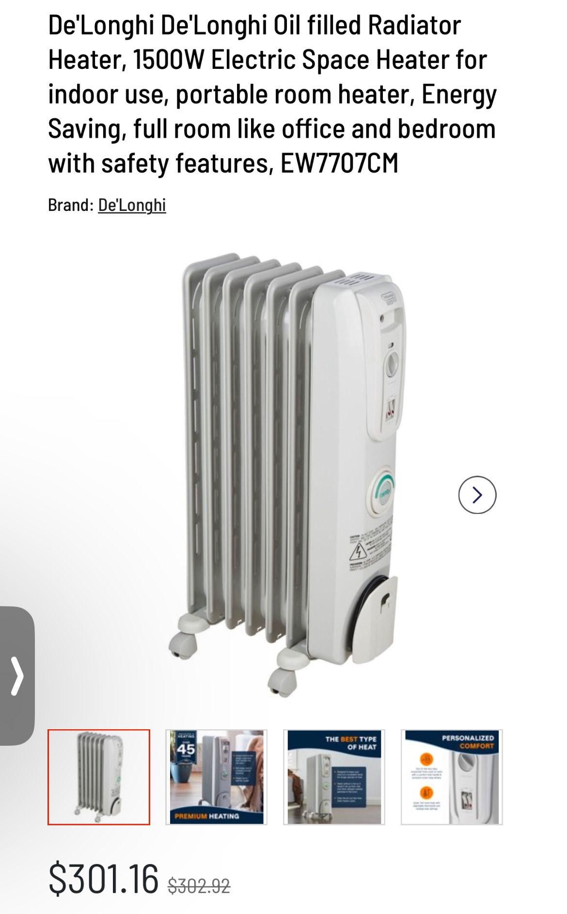 De'Longhi De'Longhi Oil filled Radiator Heater, 1500W Electric