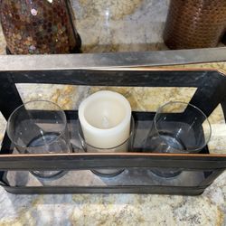 HOME DECOR - Centerpiece - Cute Tin Candleholder w/ Adjustable Handle - Holds 3 Candles.(11”H w Handle Up - 15”W - 6” Across)