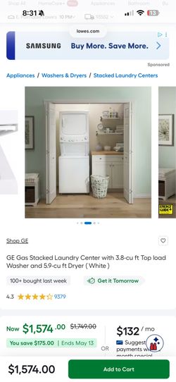 GE Gas Stacked Laundry Center with 3.8-cu ft Top load Washer and 5.9-cu ft Dryer ( White )
