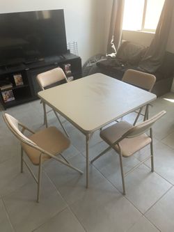 COSCO 34" Vinyl Folding Card Table with 4 Fabric Folding Chairs, Tan