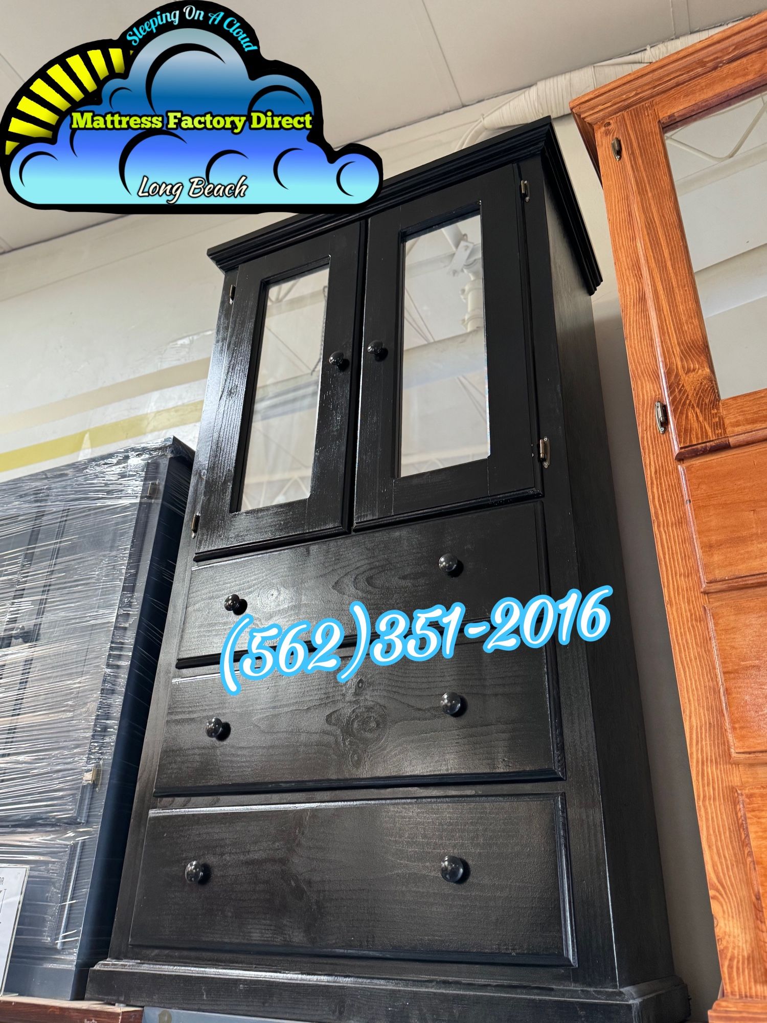 Tall Heavy Duty Black Pinewood Mirror Wardrobe