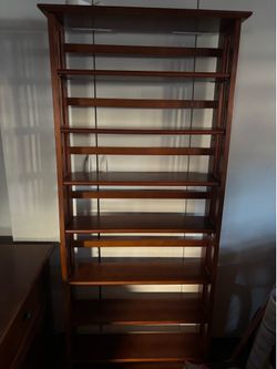 Mission Style Walnut-Wood-4-shelf-Etagere-Bookcase-with-Open-Back