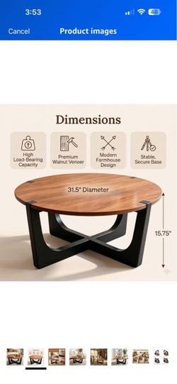 31.5” Round Walnut Coffee Table – Modern Black Base – New