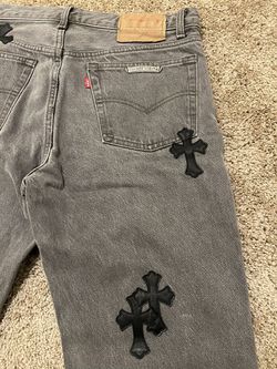 CHROME HEARTS X LEVI LEATHER CROSS PATCH JEANS - RED