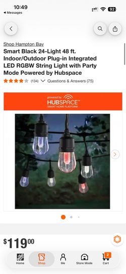 Hampton Bay Smart Black 24-Light 48 ft. Indoor/Outdoor Plug-in Integrated LED RGBW String Light with Party Mode Powered by Hubspace