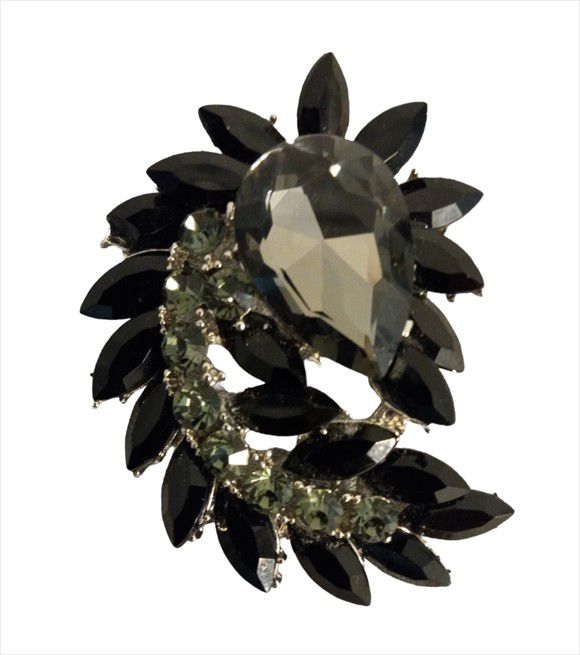 3" Marquise Shape Rhinestone Black Stone Costume Brooch Pin Jewelry Silver Tone