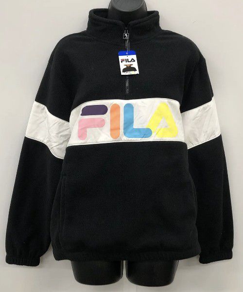 NWT FILA Black Logo Fleece Quarter 1/4 Zip Pullover Sweatshirt Women's Size L