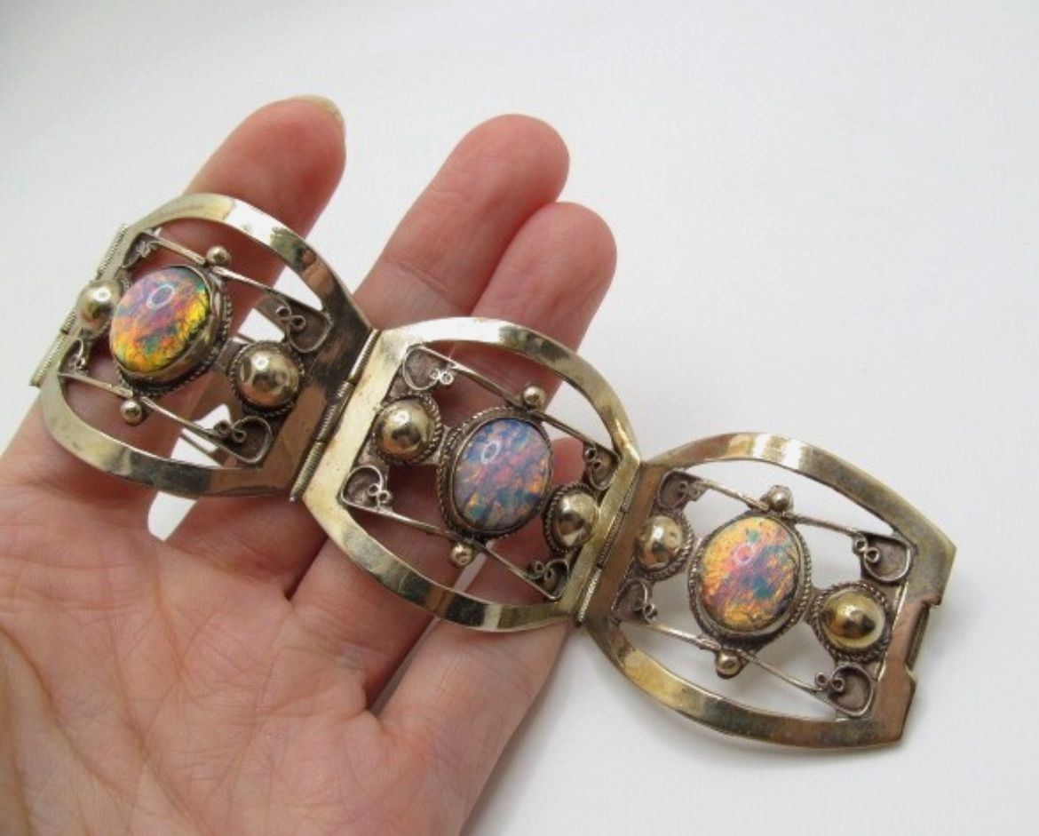 Vintage Opal 925 Sterling Wide Link Bracelet