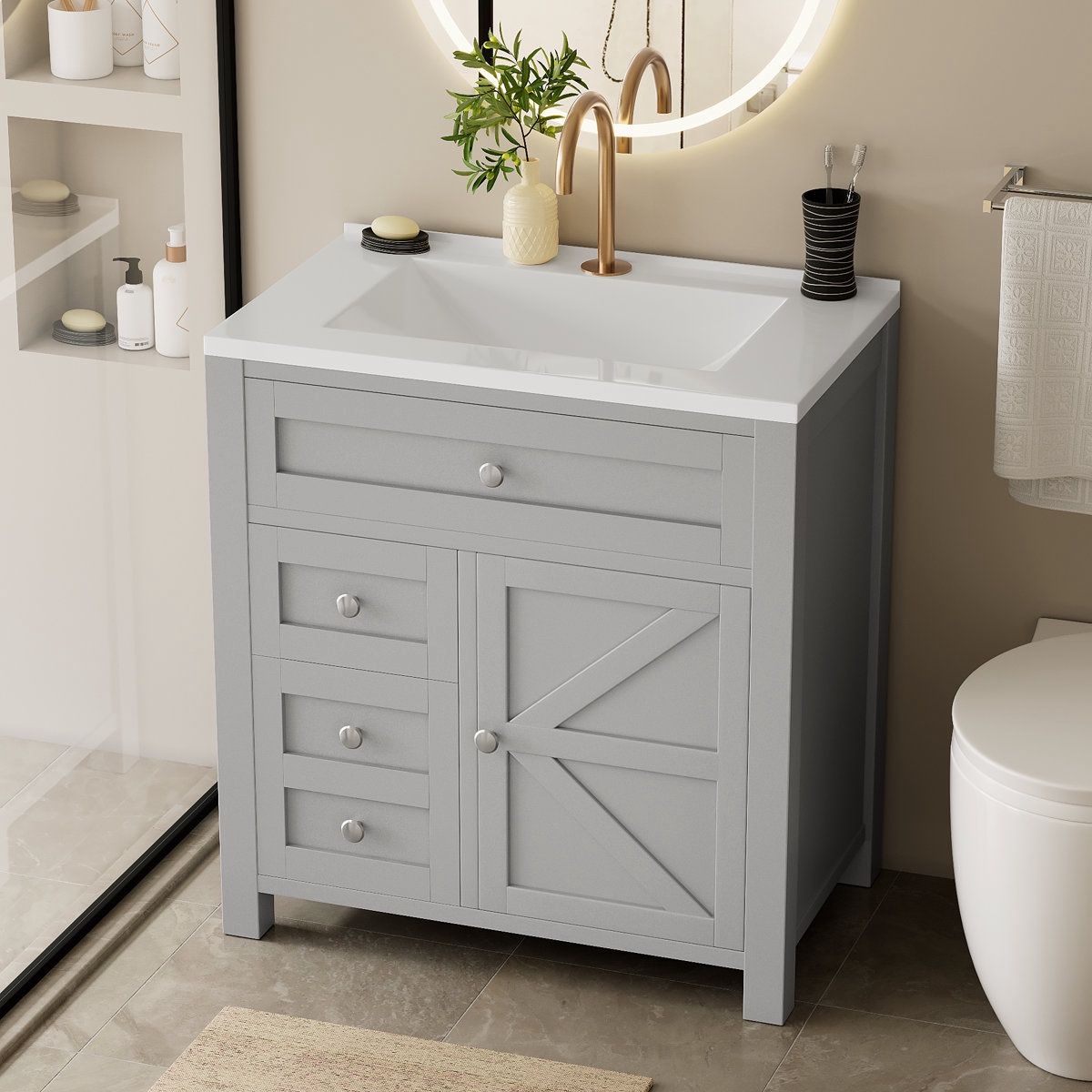 HOMALL 30'' BATHROOM VANITY WITH UNDERMOUNT RESIN SINK, FREESTANDING BATHROOM VANITY WITH RESIN TOP, WOOD BATHROOM CABINET WITH DRAWERS brand new  