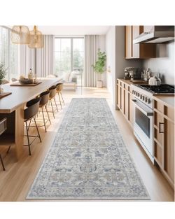 jinchan 3x8 Washable Hallway Runner Rug, Soft Vintage Floral Non-Slip, Blue Low-Pile, Ultra-Thin, Distressed Carpet for Kitchen Farmhouse Bedroom Entr