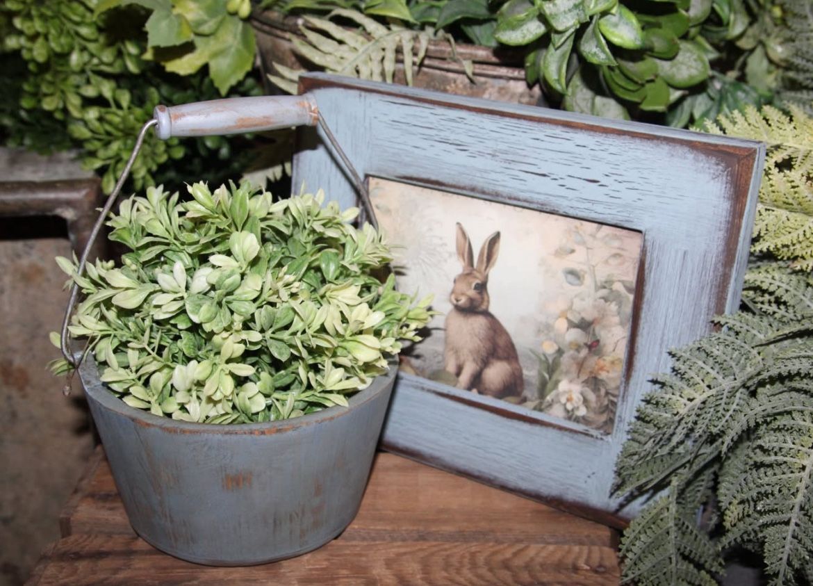 Shabby Chic Distressed Blue Farmhouse Bunny Rabbit Picture & Boxwood Bucket