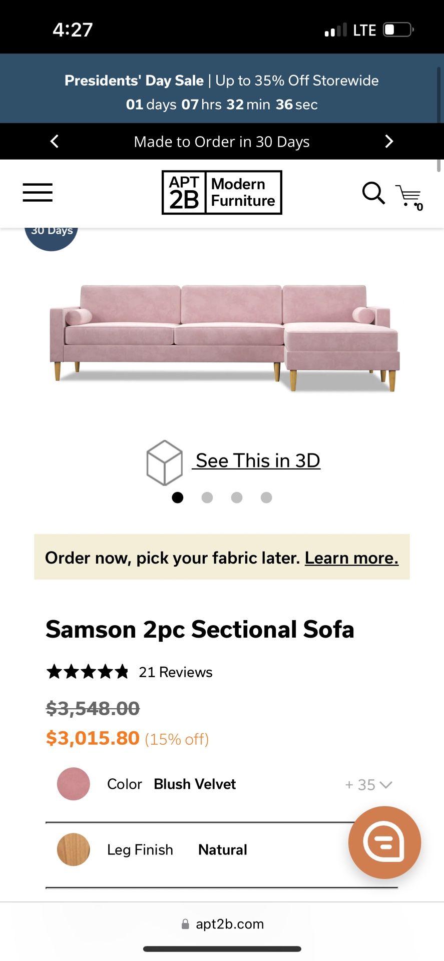 Pink Apt2b Sofa With Chaise