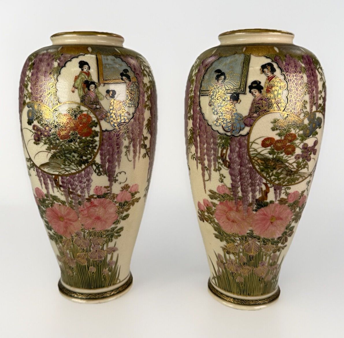 Genzan Signed Japanese Satsuma Hand Painted Porcelain Vase Pair Wisteria Meiji