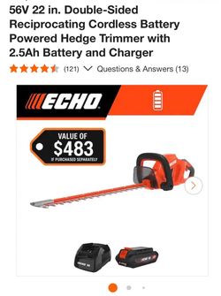 Echo 56V 22 in. Double-Sided Reciprocating Cordless Battery Powered Hedge Trimmer with 2.5Ah Battery and Charger
