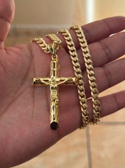 Big Plain Jesus On Cross With Gold Plated 24 Inch Cuban Necklace