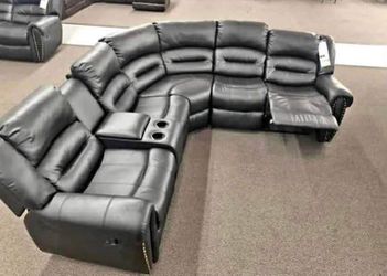 Recliner sofa Black leather sectional couch with cup holder 