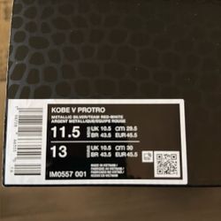 Nike Kobe V Protro Metallic Silver Team Red White Size 11.5