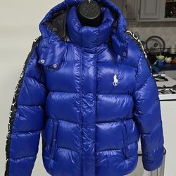 Polo Ralph Lauren Womens Puffer Jacket Blue Spell Out Hooded Pocket XL/ X-Large